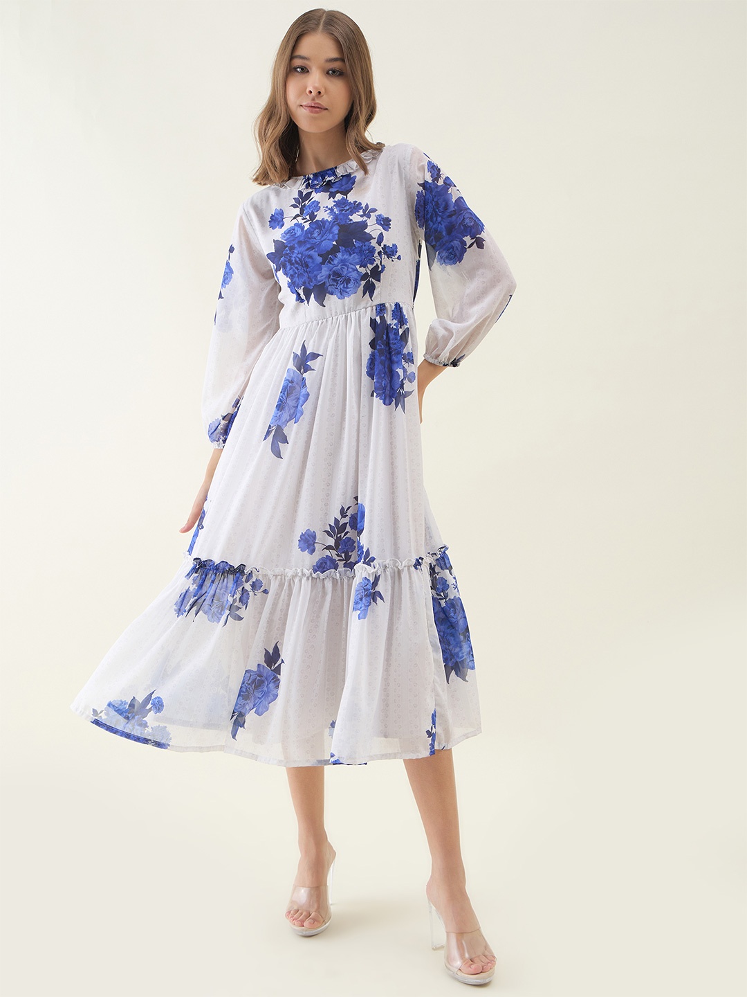 

OCTICS Women Floral Printed Puff Sleeve Fit & Flare Dress, White