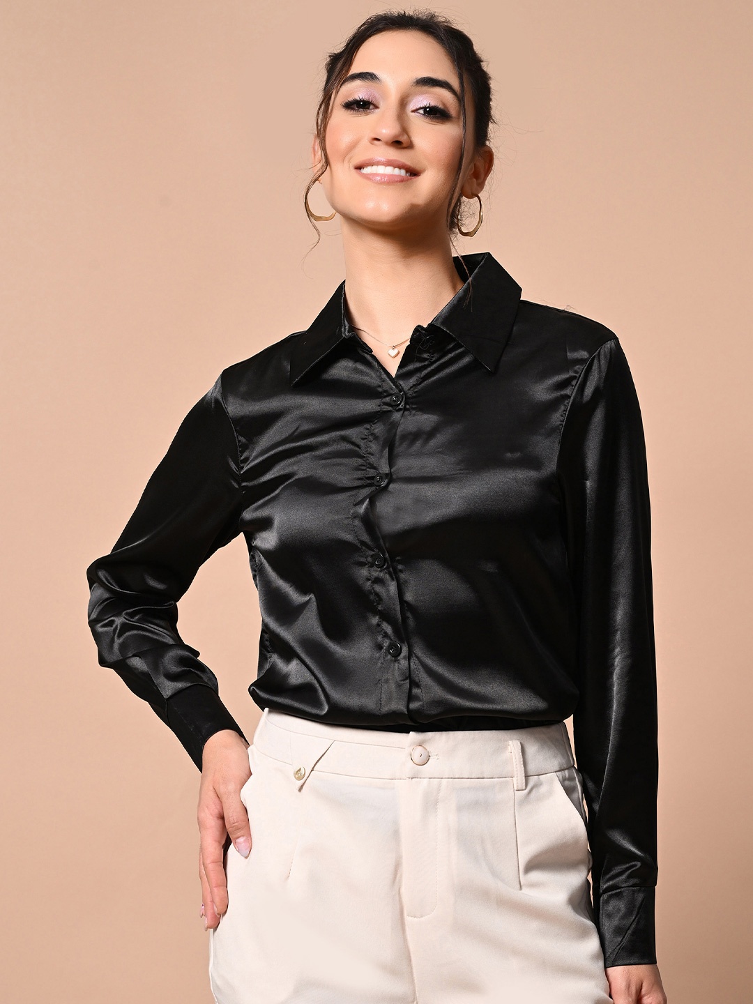 

PANKH Women Self Design Satin Top, Black