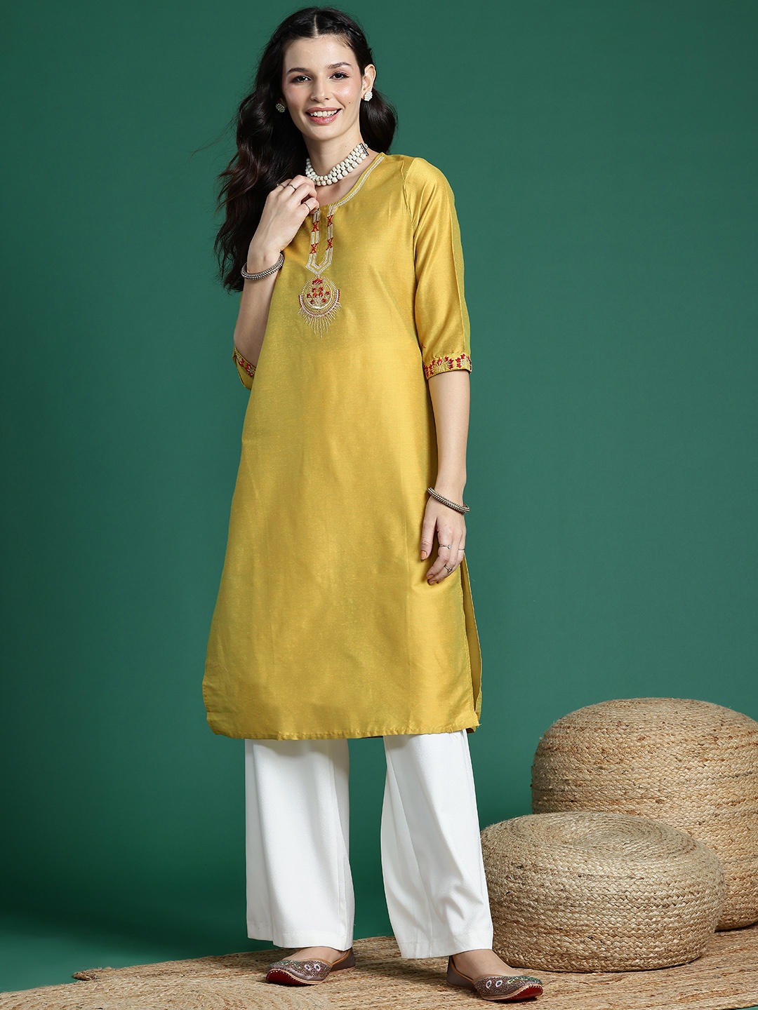 

Sangria Floral Embroidered Thread Work Floral Kurta, Mustard