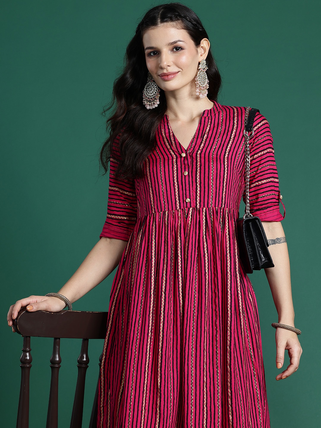 

Sangria Striped A-Line Kurta, Pink