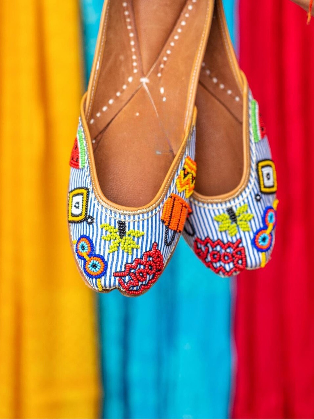 

Sangria Embellished Striped Leather Mojaris, Blue