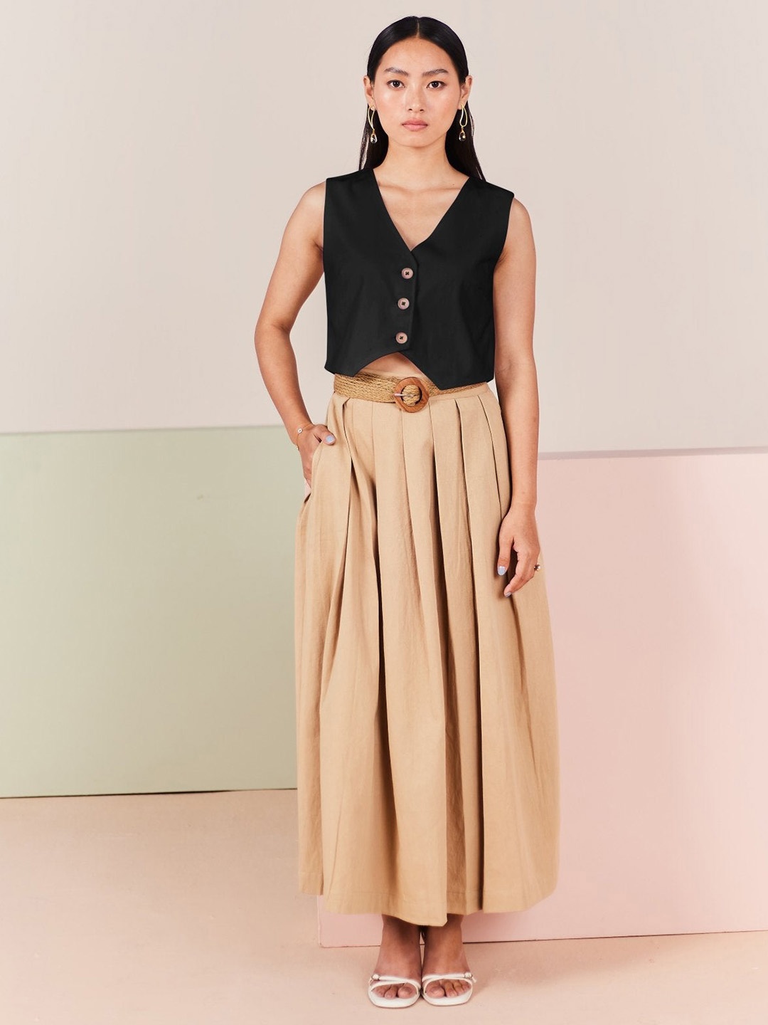

Sage by Mala V-Neck Pure Cotton Waistcoat With Skirt, Black