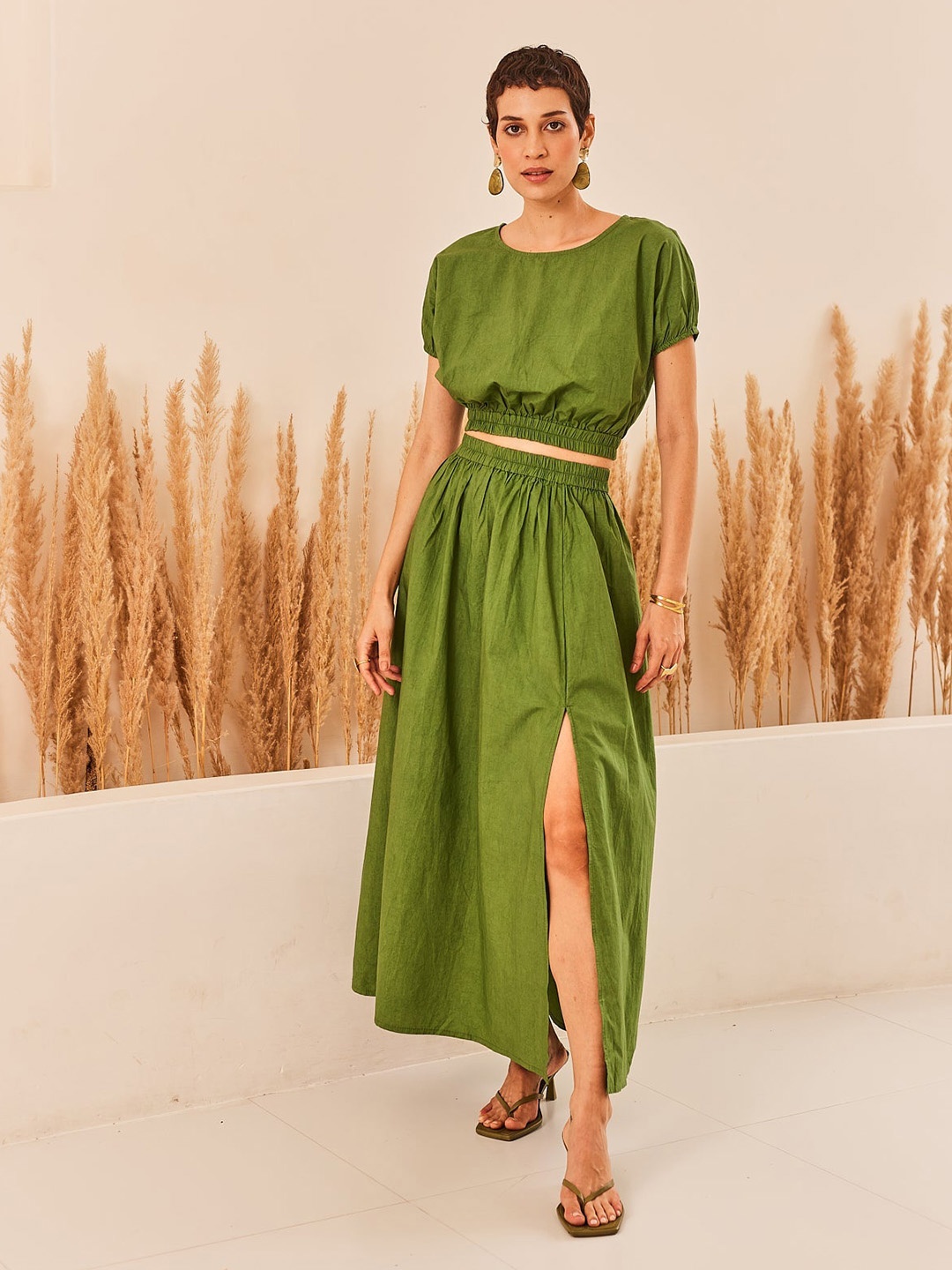 

Sage by Mala Marcella Pure Cotton Crop Top With Slit Skirt, Green