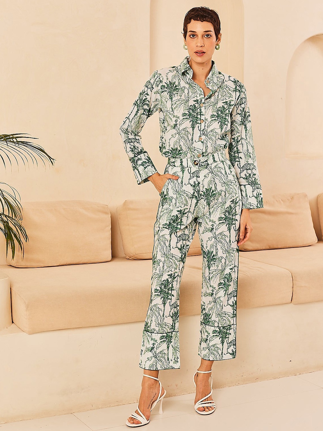 

Sage by Mala Angelina Printed Linen Shirt With Trouser, Green