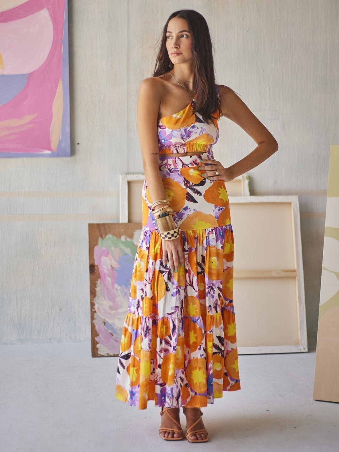 

Sage by Mala Lucente Printed One Shoulder Pure Cotton Top & Skirt, White