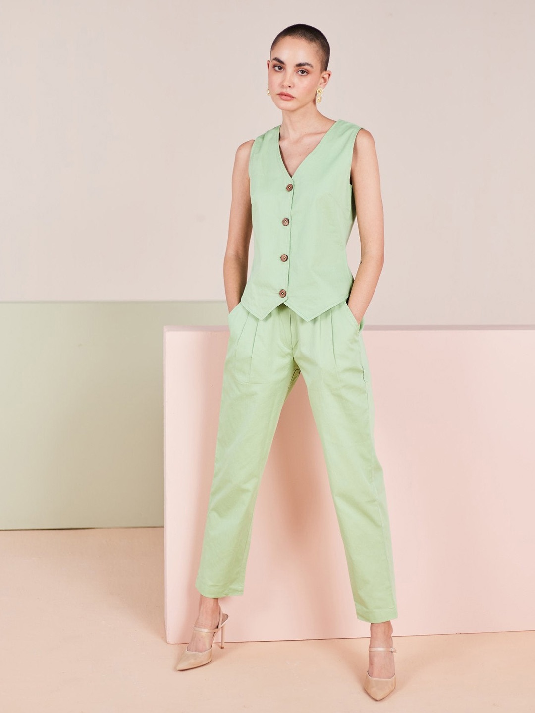 

Sage by Mala Greta V-Neck Pure Cotton Waistcoat & Trouser, Green