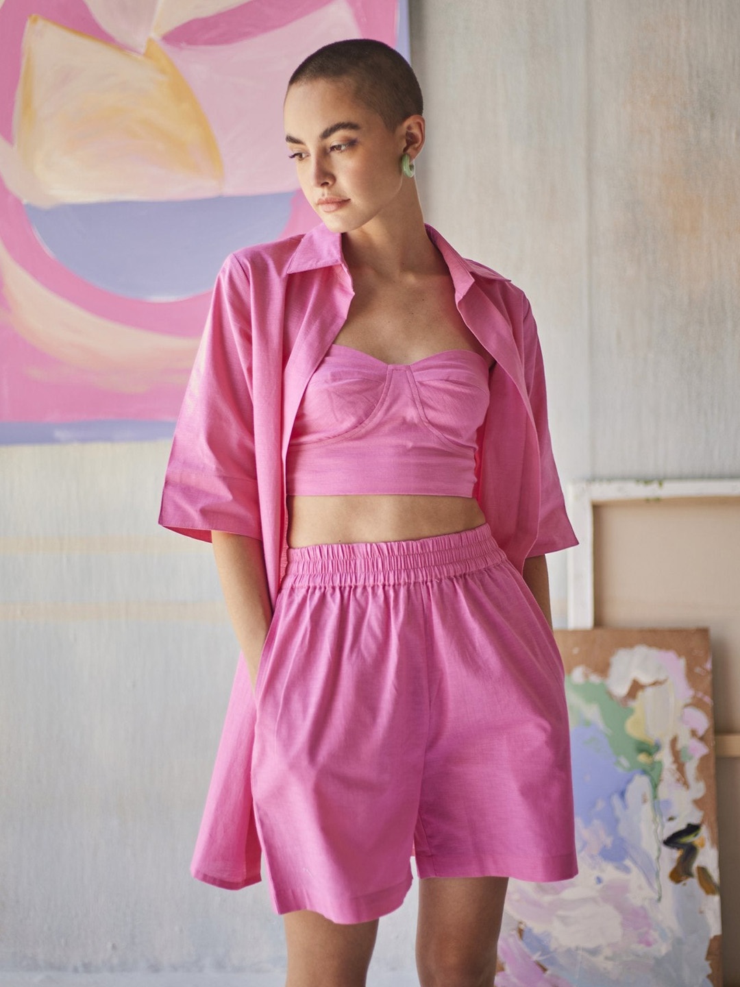 

Sage by Mala Short Sleeves Cotton Linen Shirt & Top With Shorts, Pink