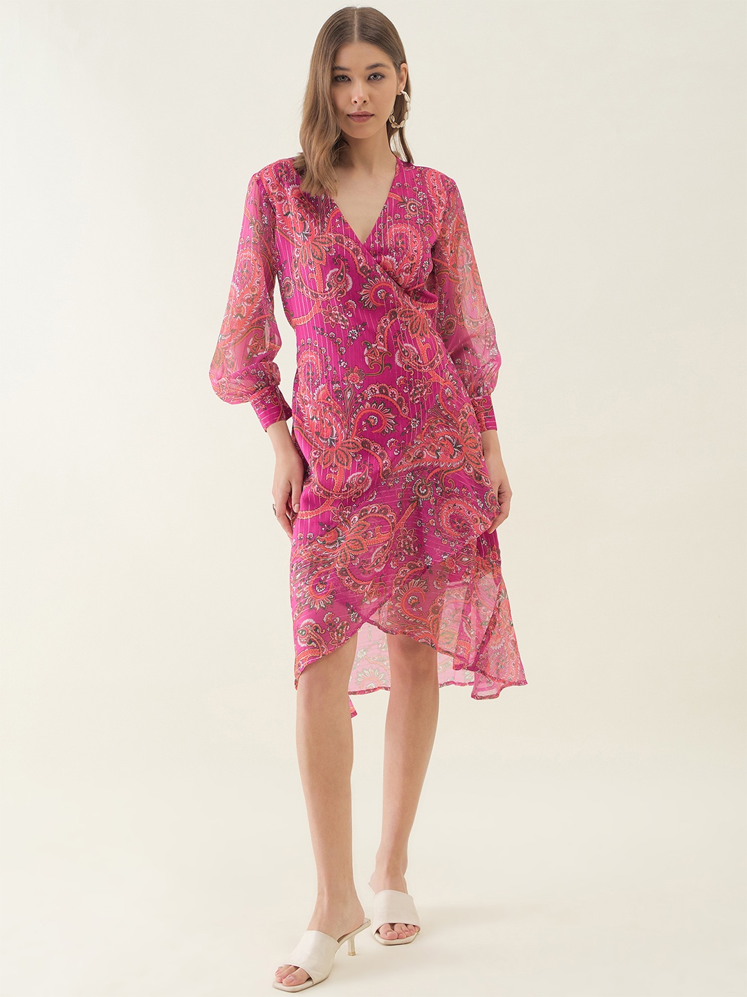 

OCTICS Women Ethnic Motifs Printed Flared Sleeve A-Line Dress, Pink