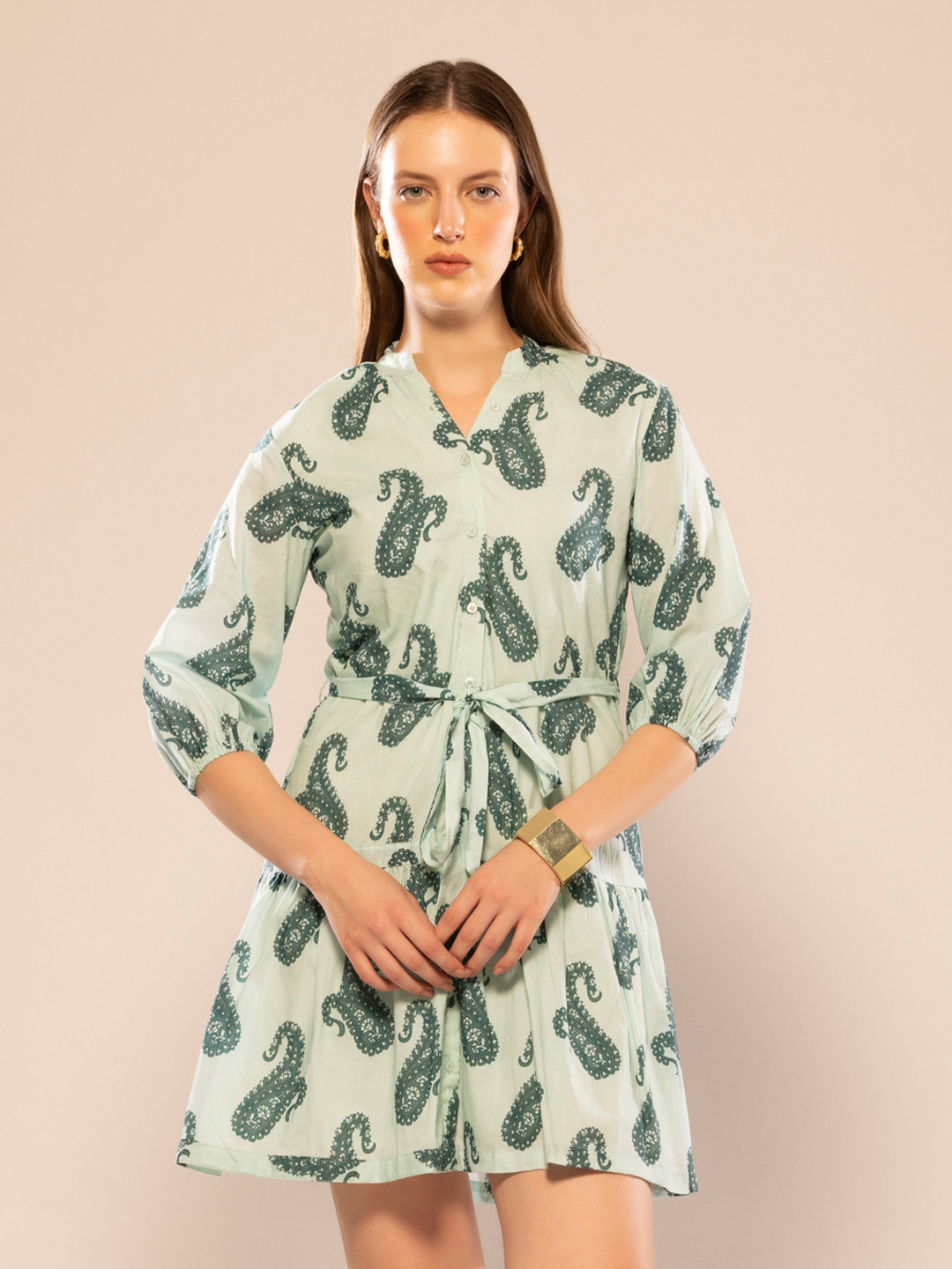 

OCTICS Floral Printed Shirt Mini Dress, Green