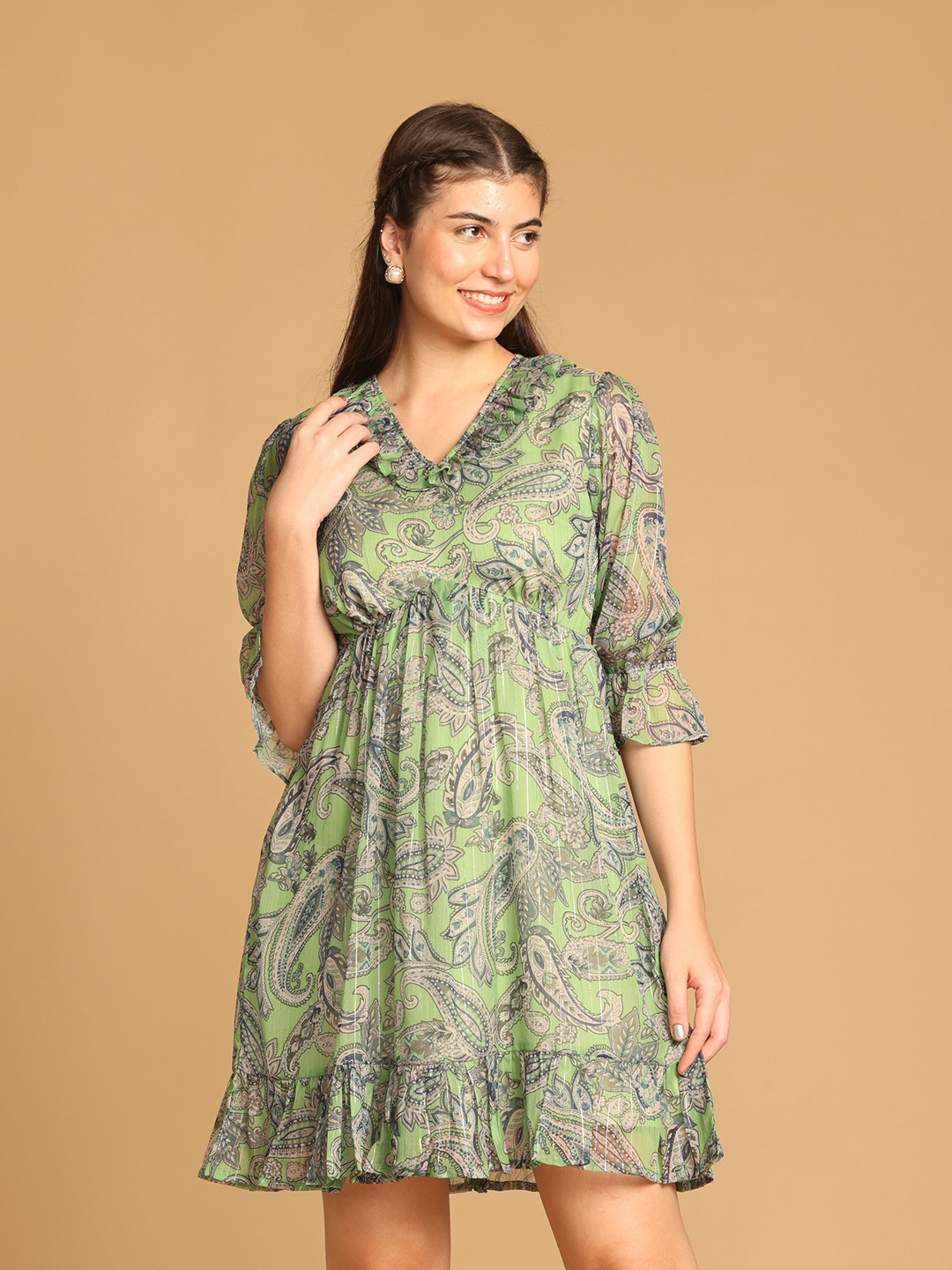 

OCTICS Printed Georgette Fit & Flare Dress, Green