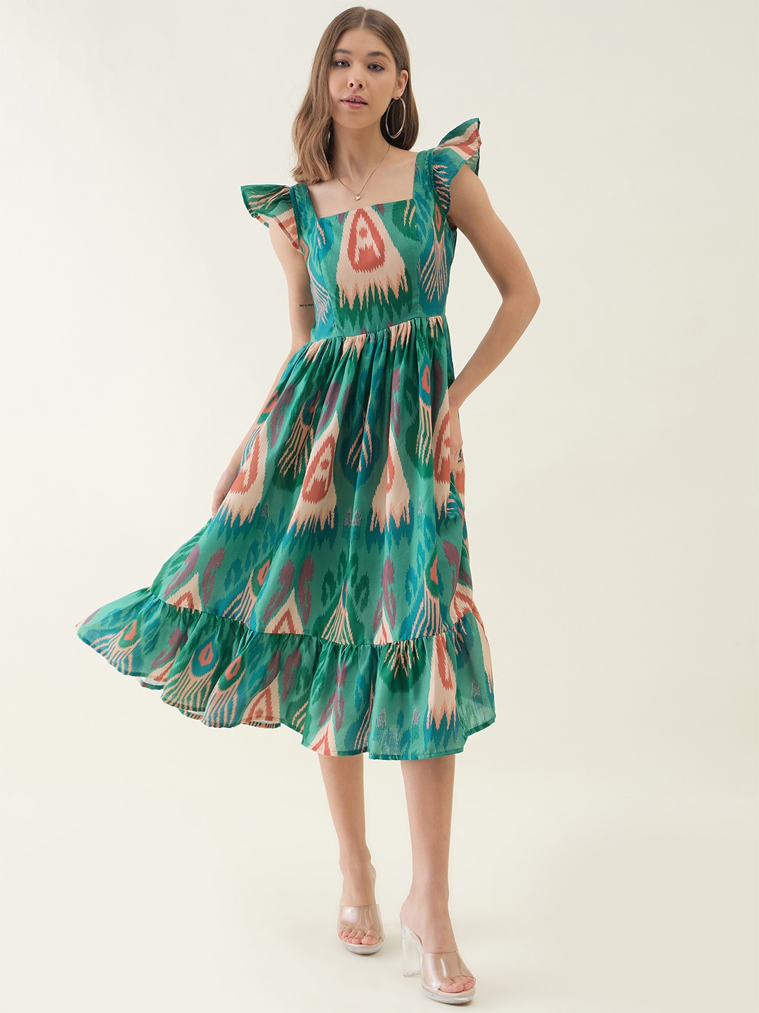 

OCTICS Abstract Printed Fit & Flare Dress, Green