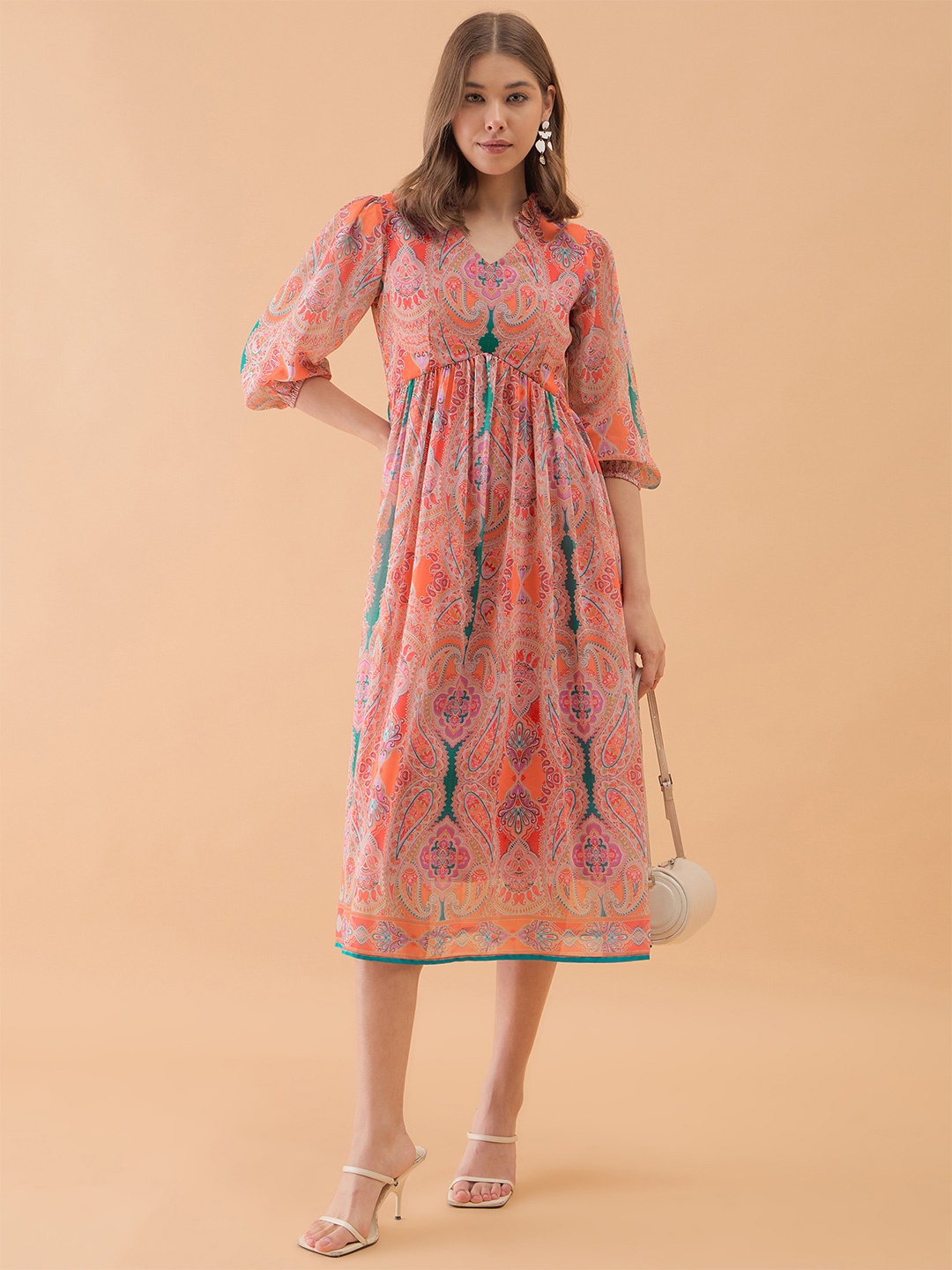 

OCTICS Women Ethnic Motifs Printed Georgette Empire Knee Length Dress, Red