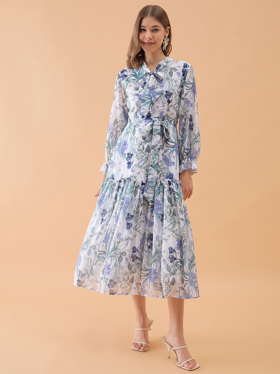 

OCTICS Floral Printed Tie-Up Neck Fit and Flare Midi Dress, Off white