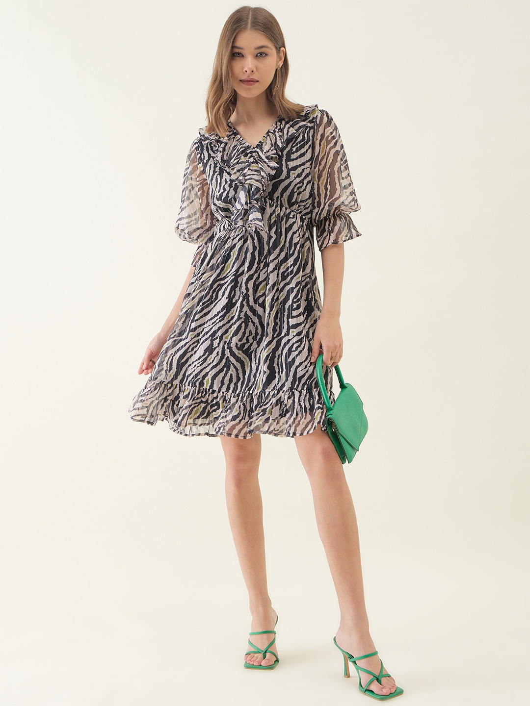 

OCTICS Abstract Printed Georgette Fit & Flare Dress, Black
