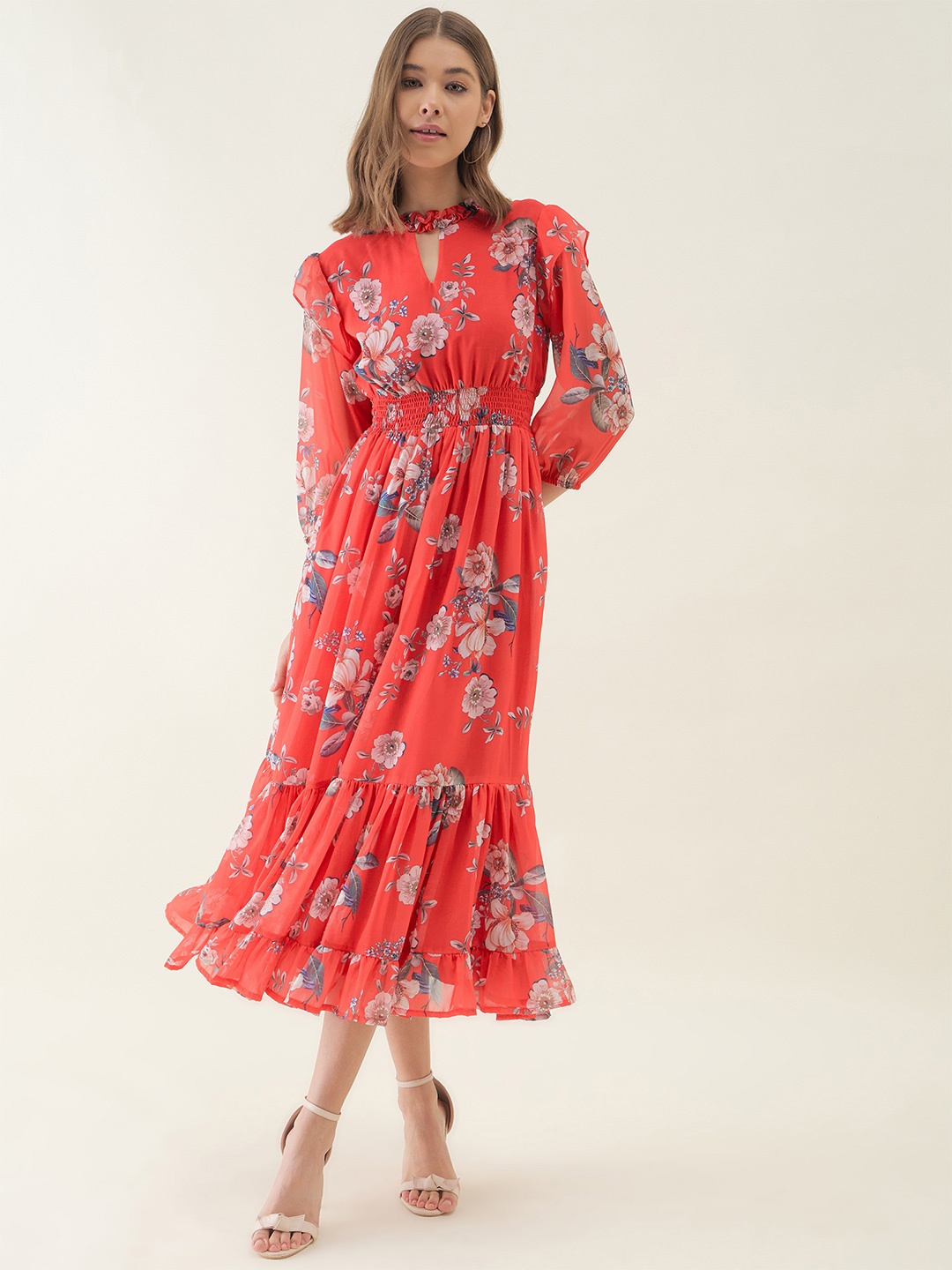 

OCTICS Women Floral Printed Puff Sleeve Fit and Flare Dress, Red