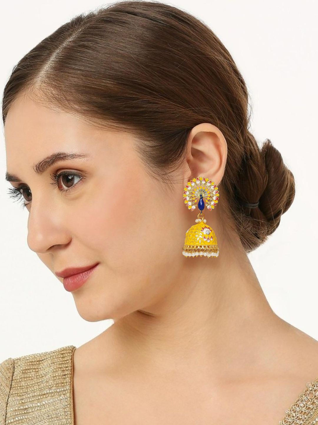 

OOMPH Artificial Stones and Beads Peacock Shaped Jhumkas, Yellow