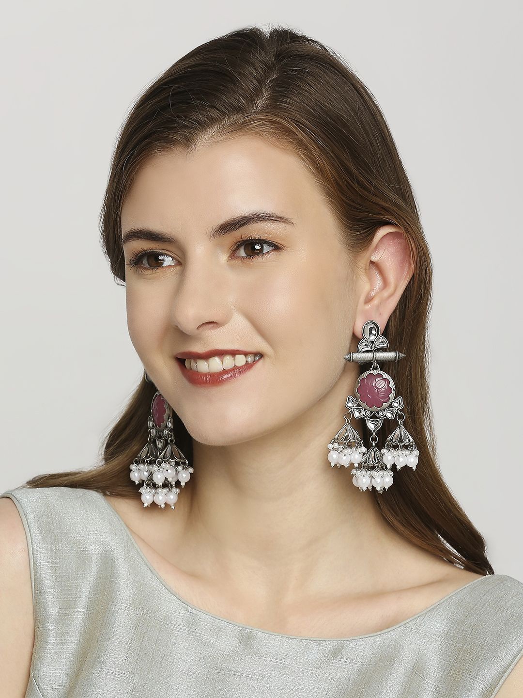

OOMPH Engraved Jaipur Stones & Kundan Dome Shaped Oxidised Jhumkas, Silver