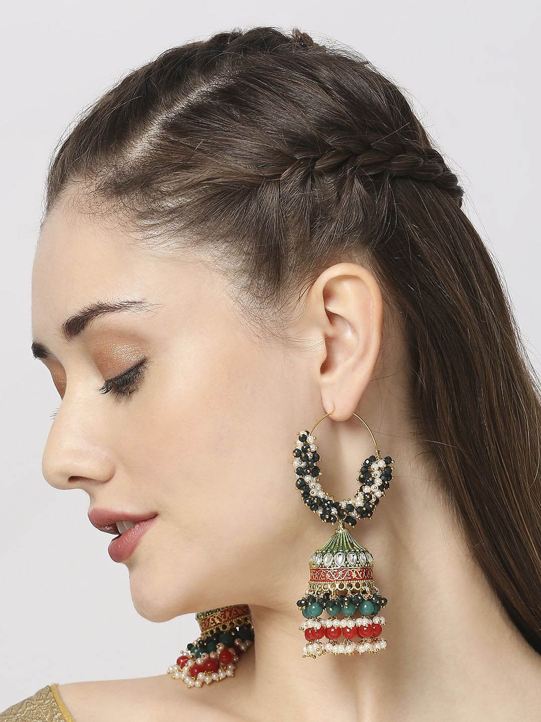 

OOMPH Metal Kundan & Pearls Beaded Floral Meenakari Bali Drop Earrings, Green