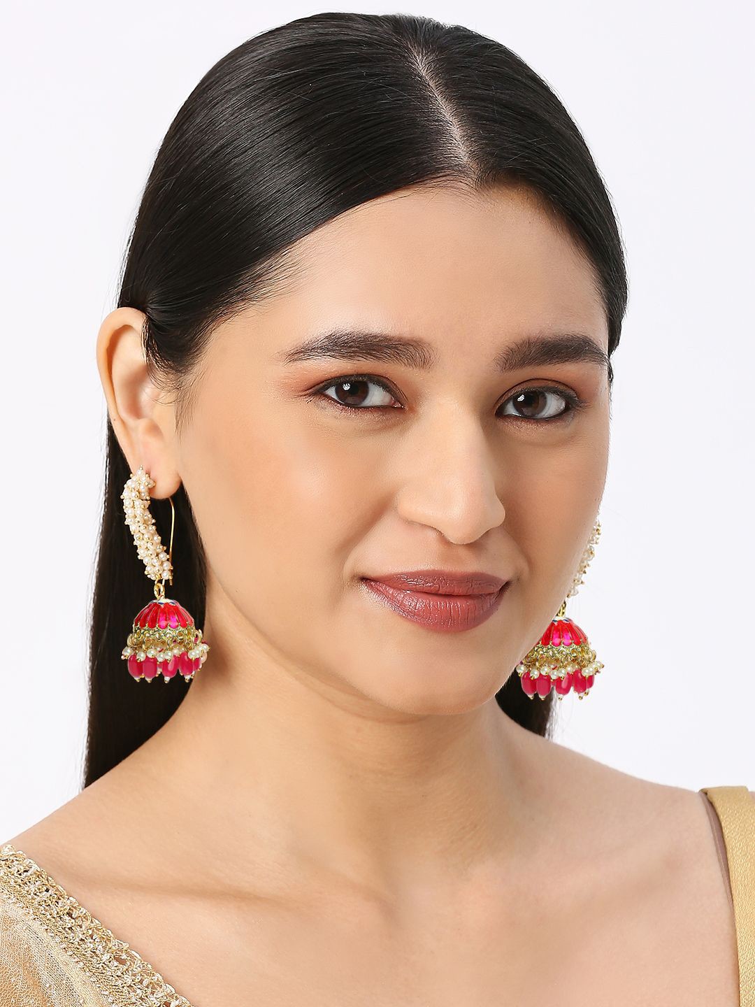 

OOMPH Metal Kundan Beaded Meenakari Floral Jhumkas Earrings, Pink