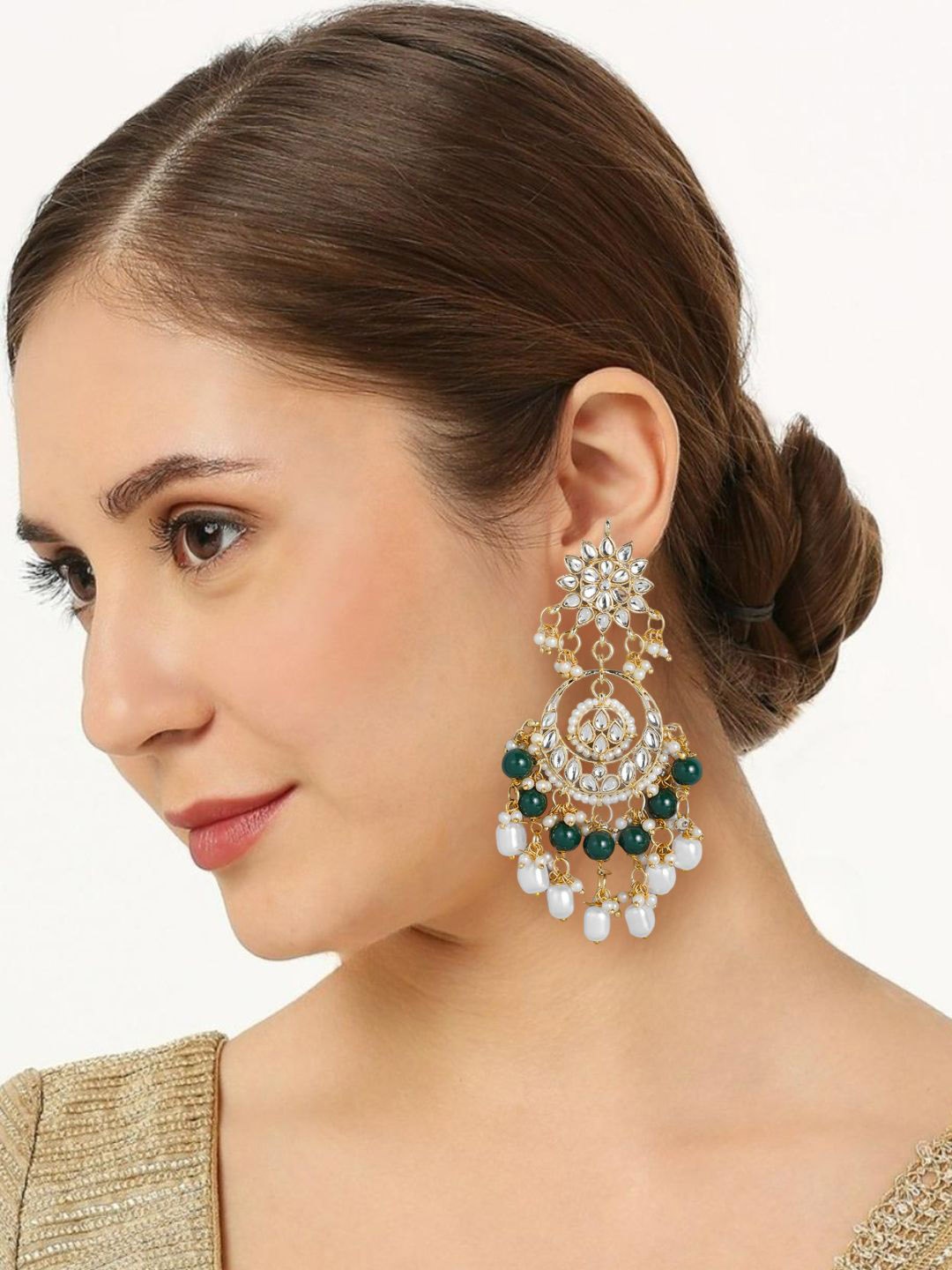 

OOMPH Kundan Floral Chandbalis Earrings, Green