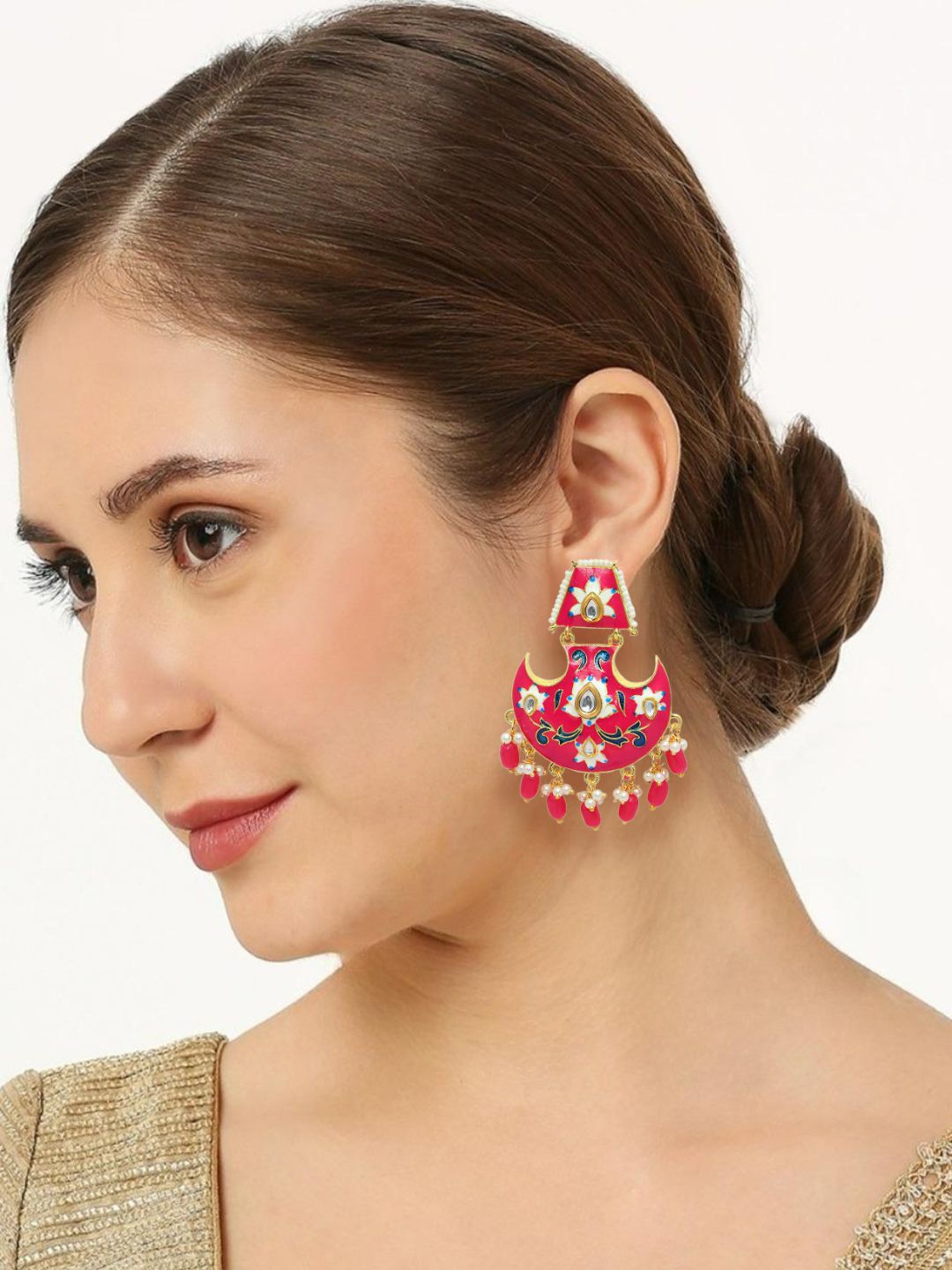 

OOMPH Floral Meenakari Chandbalis Earrings, Pink
