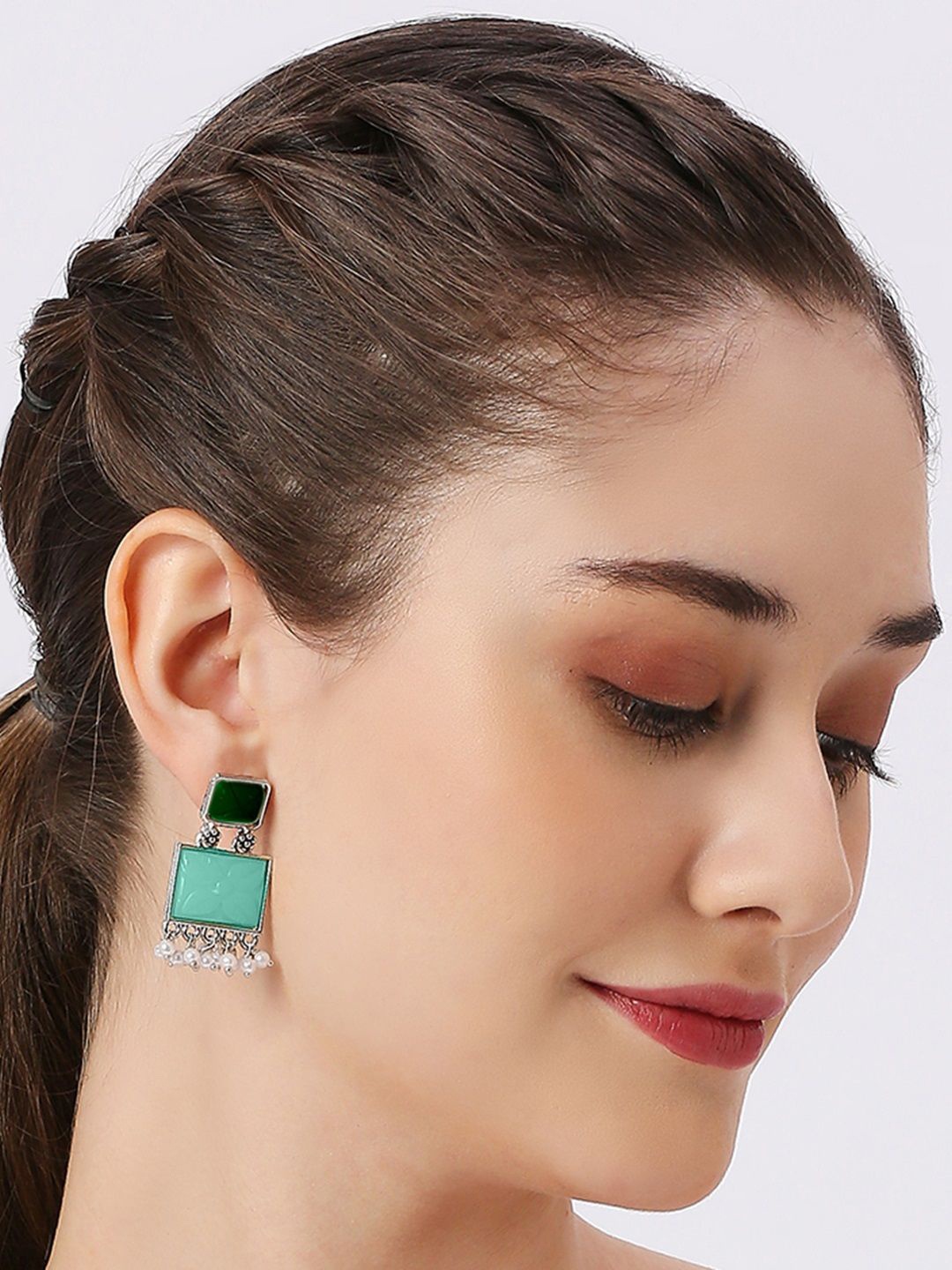 

OOMPH Artificial Stones and Beads Square Drop Earrings, Green