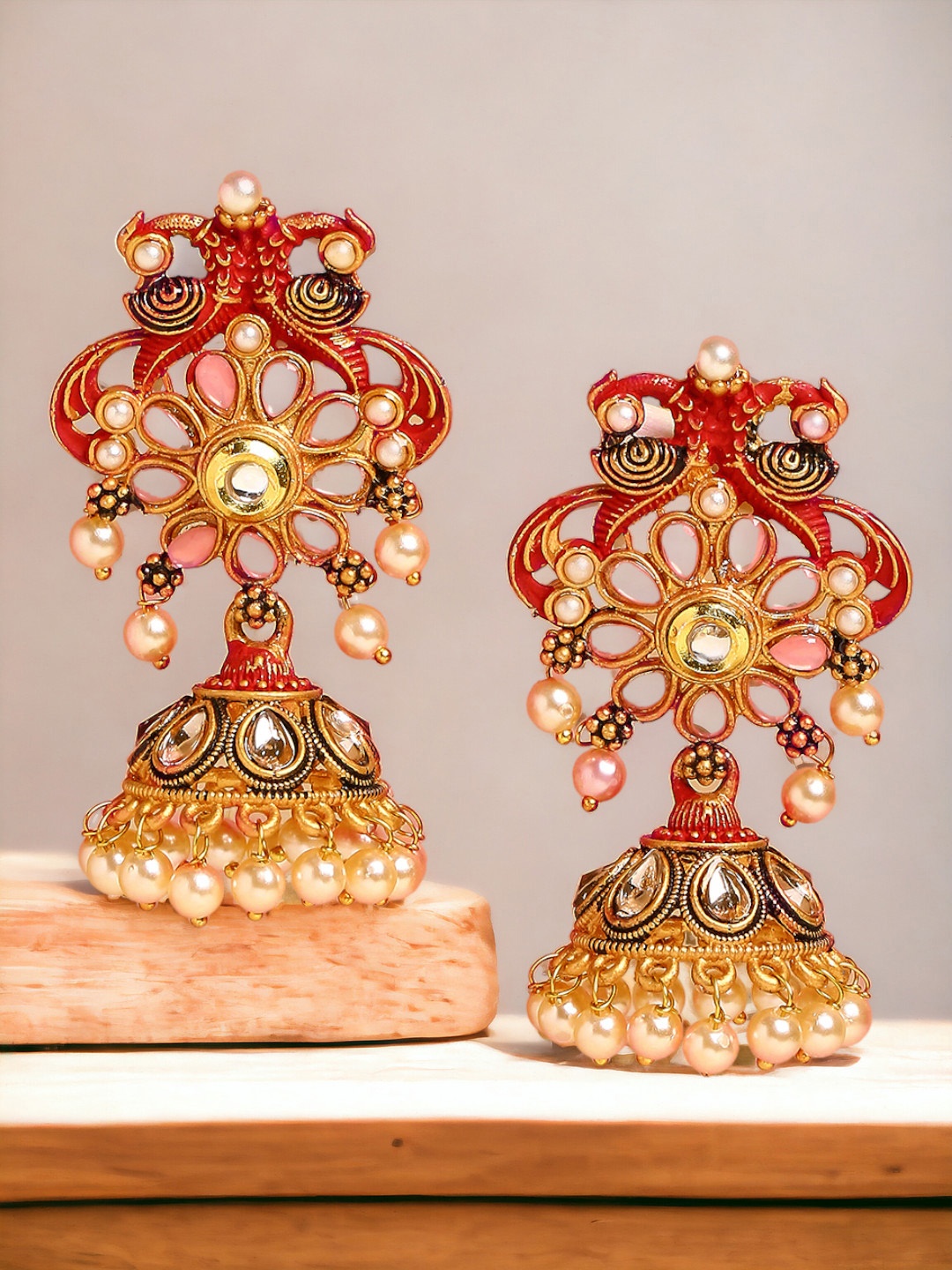 

OOMPH Kundan Peacock Shaped Jhumkas, Pink