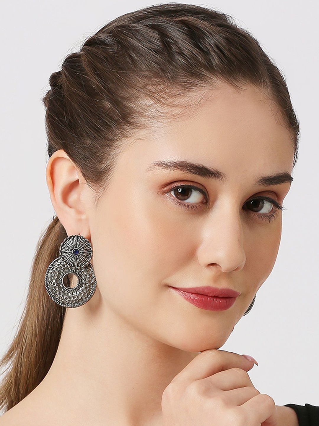 

OOMPH Circular Stone Studded Oxidised Drop Earrings, Black