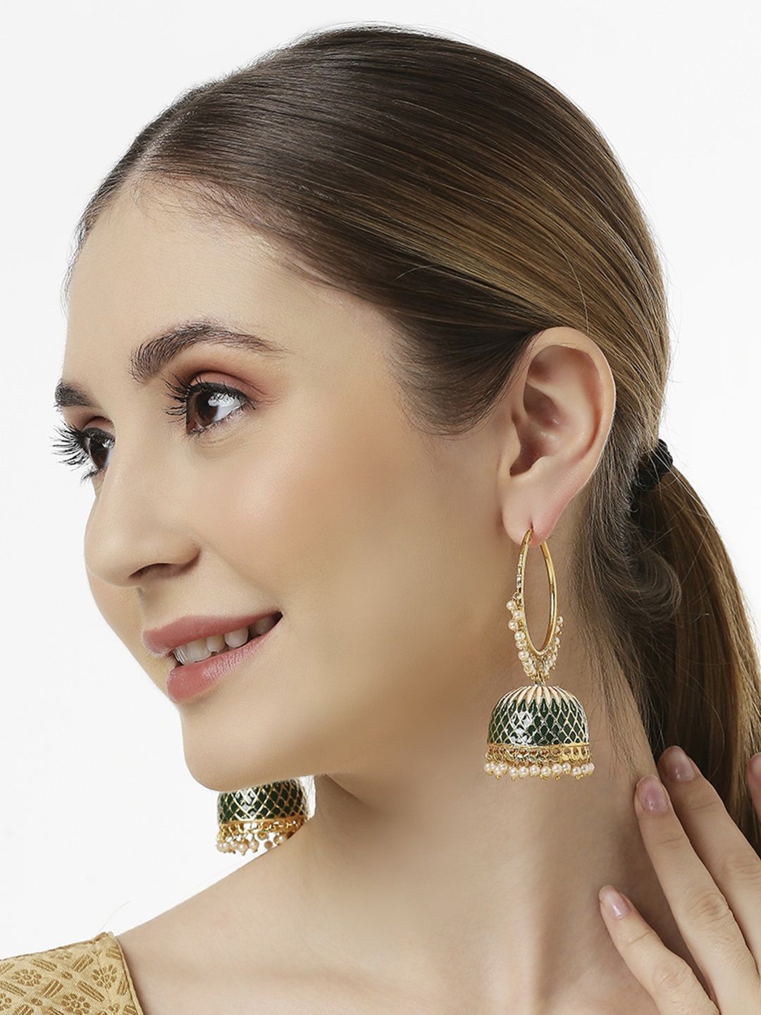 

OOMPH Kundan Dome Shaped Jhumkas, Green