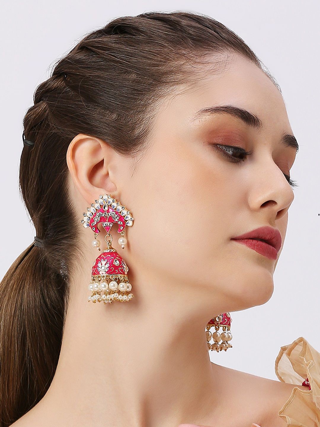 

OOMPH Kundan Dome Shaped Jhumkas, Pink