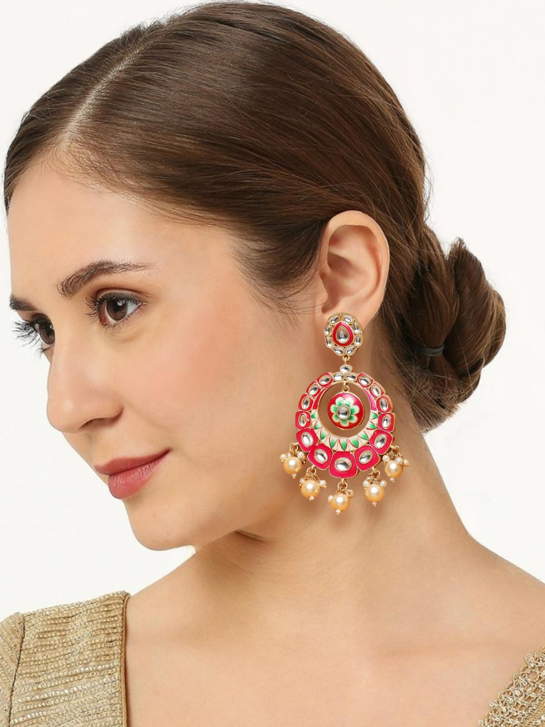 

OOMPH Metal Kundan Beaded Meenakari Floral Chandbalis Earrings, Pink