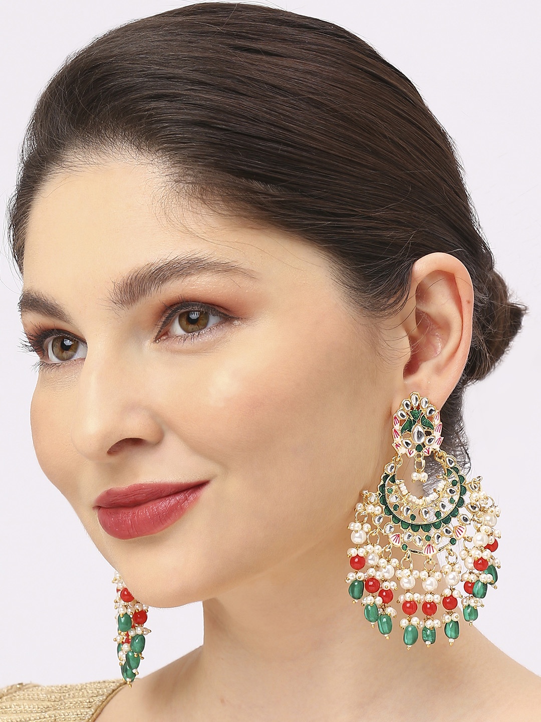 

OOMPH Beaded & Kundan Floral Meenakari Chandbalis, Gold
