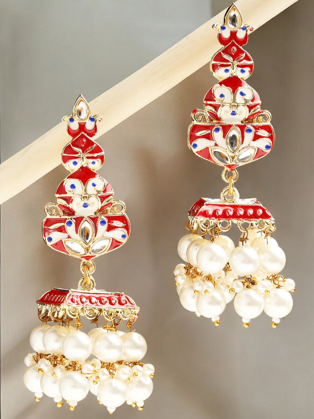 

OOMPH Metal Kundan & Pearls Beaded Meenakari Dome Shaped Jhumkas Earrings, Red