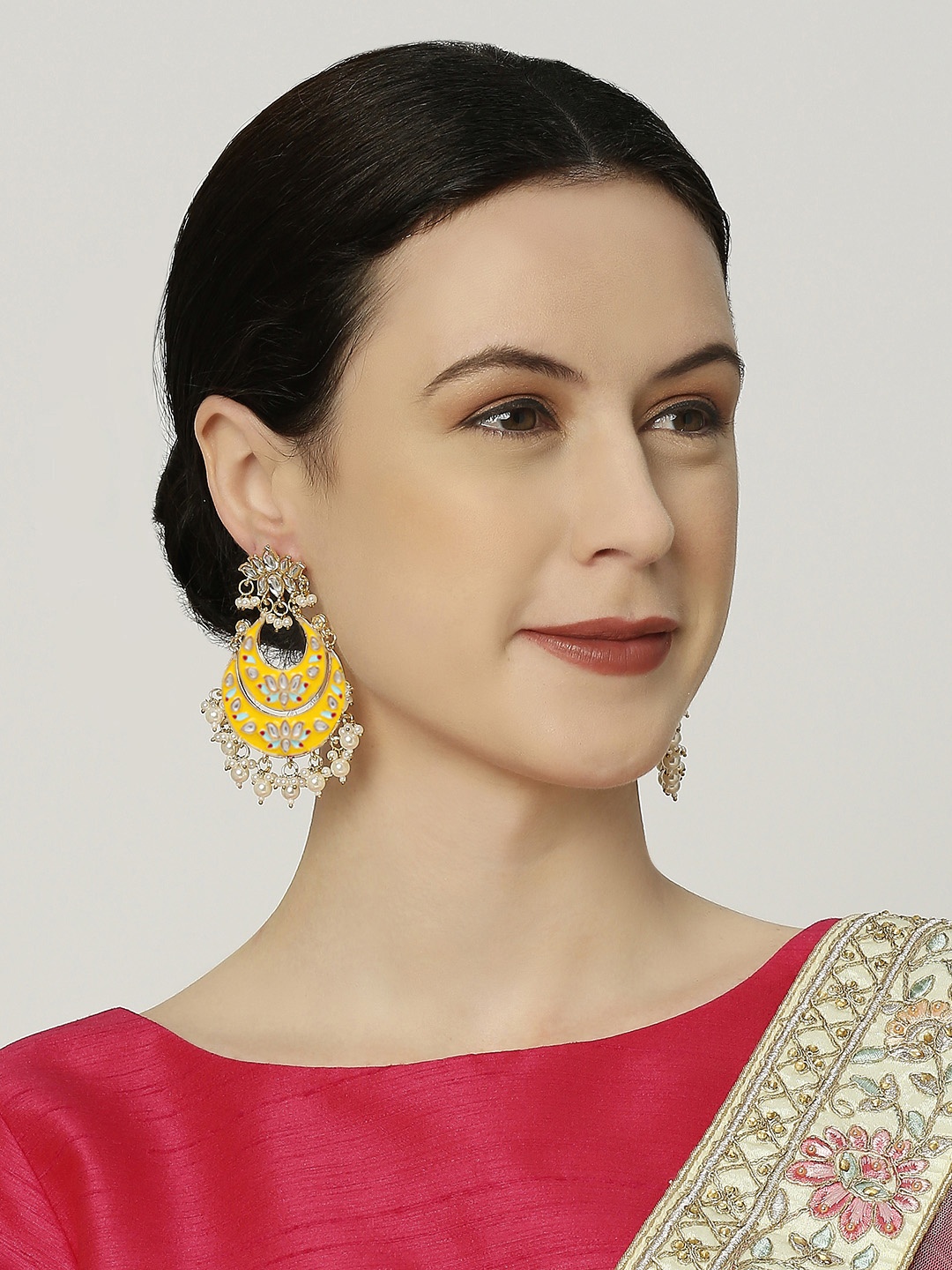 

OOMPH Floral Kundan Meenakari Chandbalis, Yellow