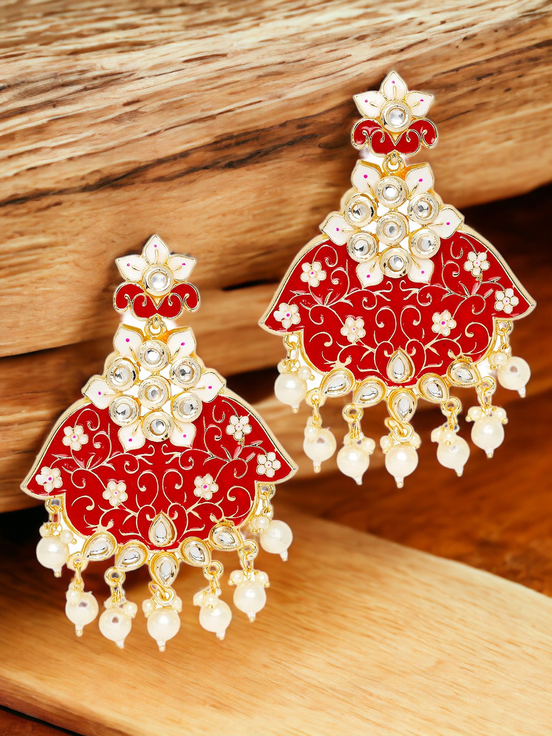 

OOMPH Kundan Floral Drop Earrings, Maroon