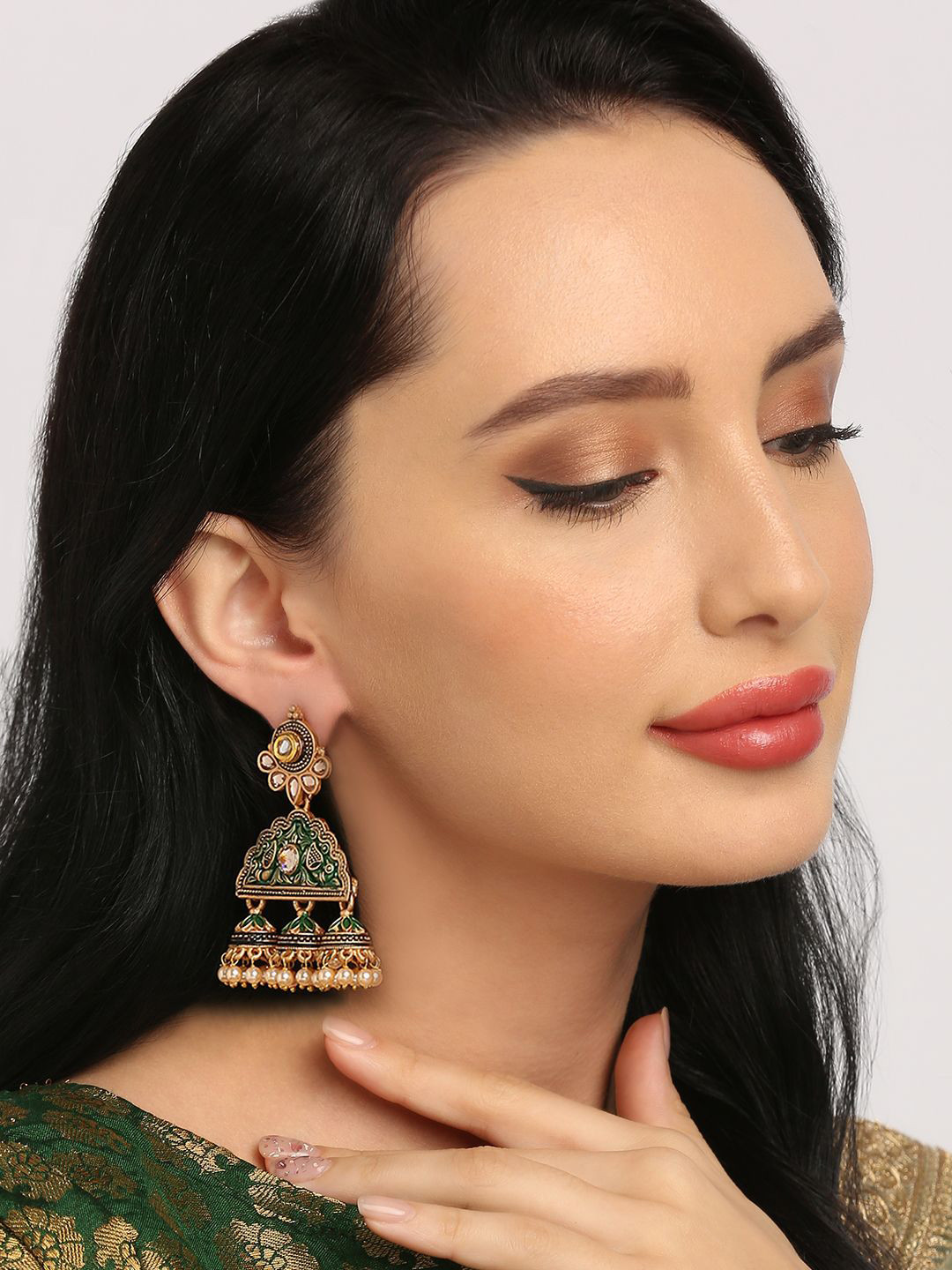 

OOMPH Peacock Shaped Jhumkas Earrings, Green