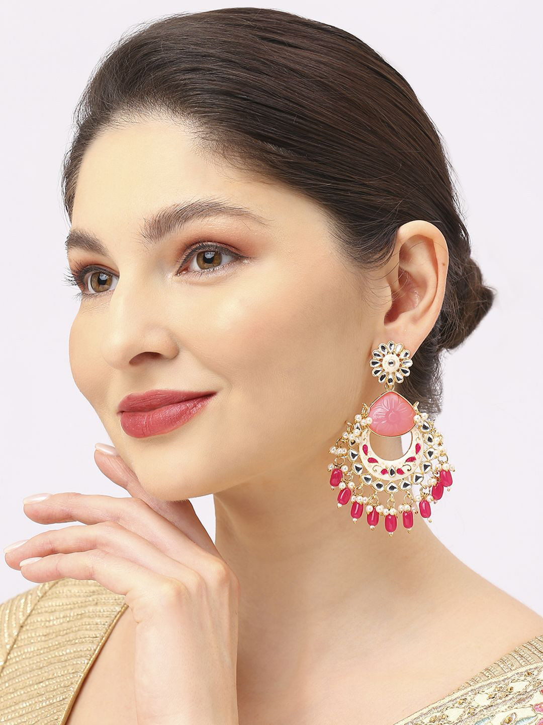 

OOMPH Metal Artificial Stones and Beads Meenakari Floral Drop Earrings, Pink