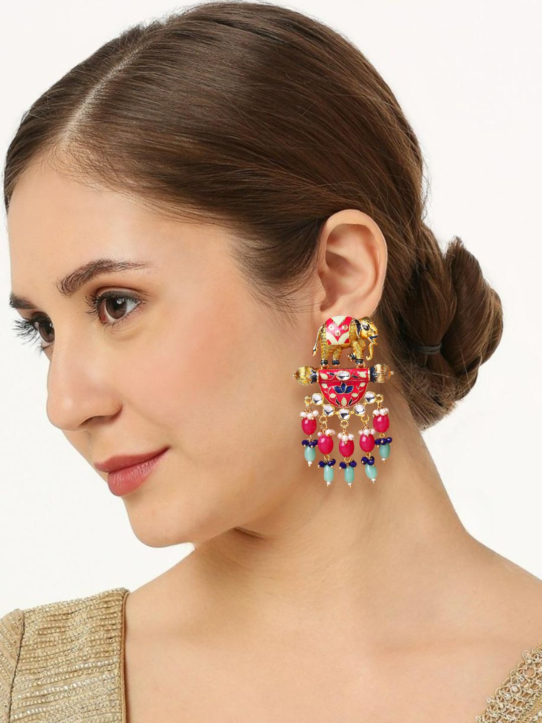 

OOMPH Kundan Animal Shaped Drop Earrings, Red