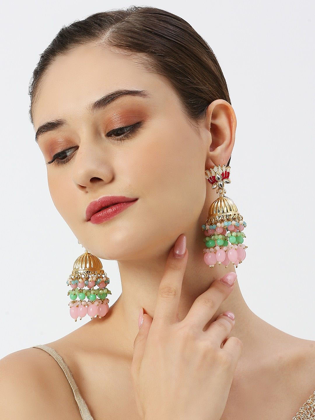 

OOMPH Dome Shaped Meenakari Jhumkas, Pink