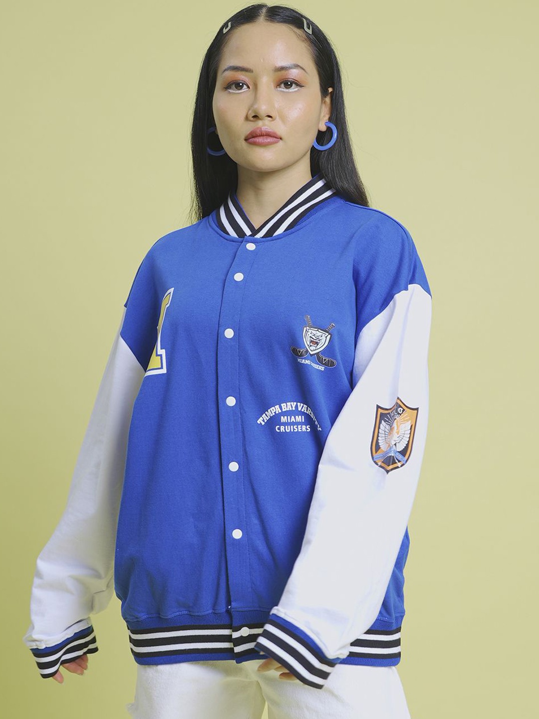 

URA STREET Unisex Cotton Bomber with Patchwork Jacket, Blue