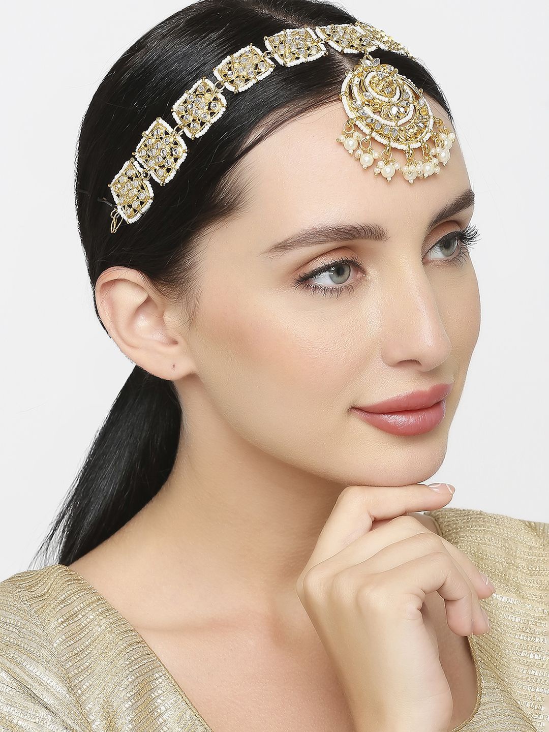 

OOMPH Kundan Studded Pearls Beaded Sheeshphool Head Jewellery, Gold