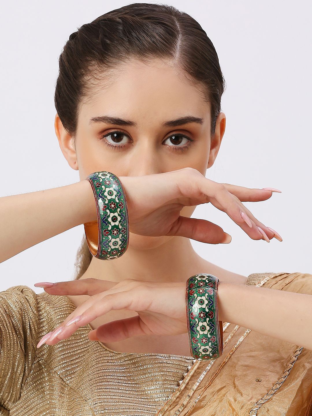 

OOMPH Set Of 2 Meenakari Floral Kada Bangles, Green