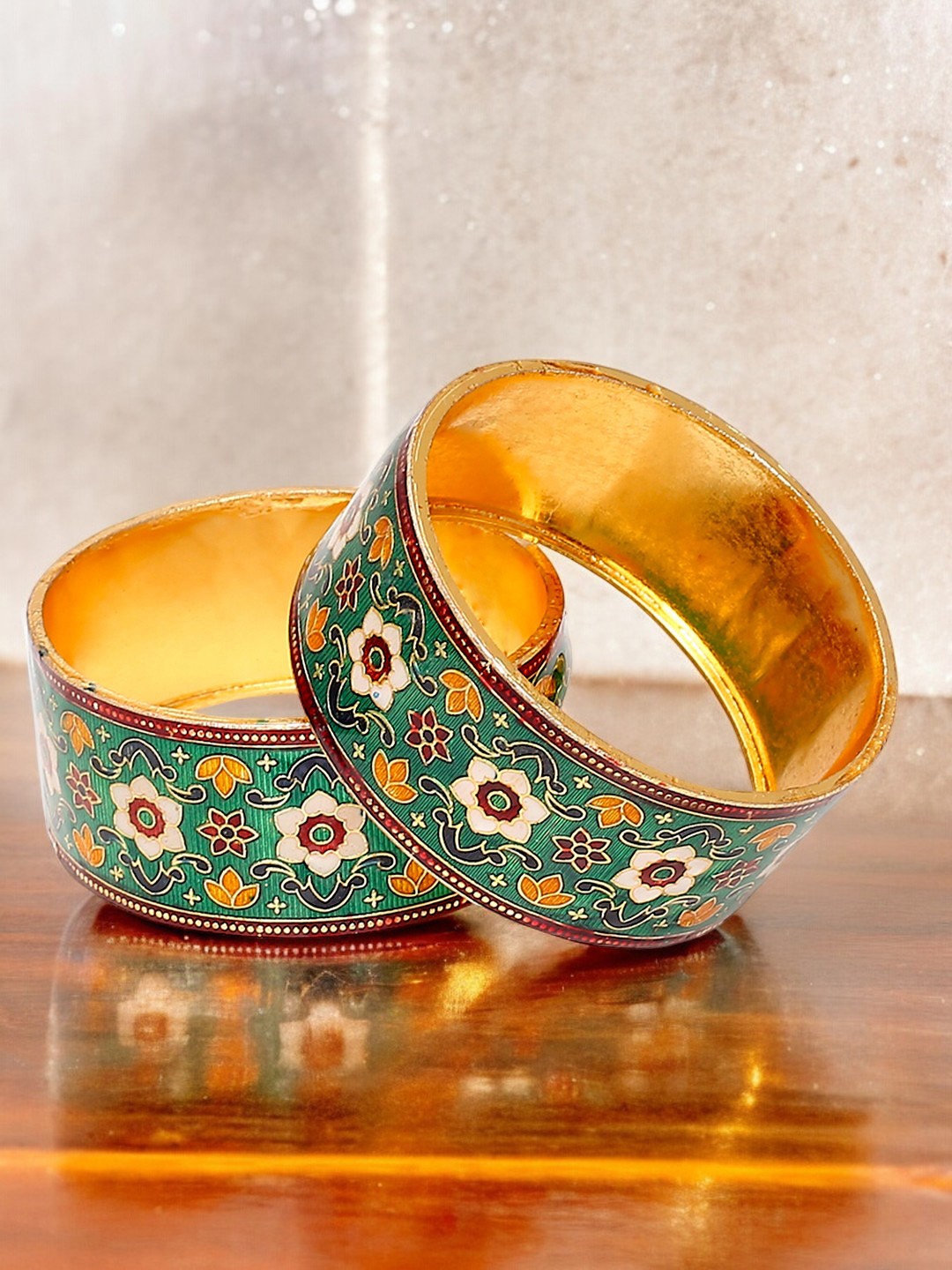 

OOMPH Set Of 2 Meenakari Floral Kada Bangles, Green