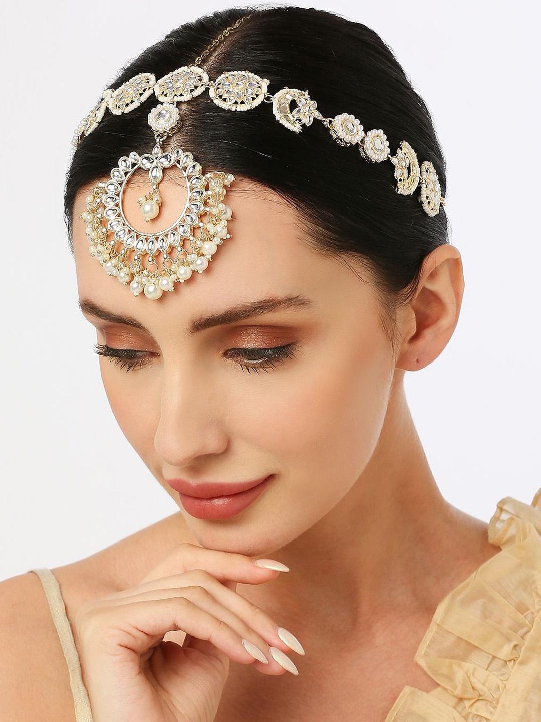 

OOMPH Kundan Studded Pearls Beaded Sheeshphool Head Jewellery, Gold