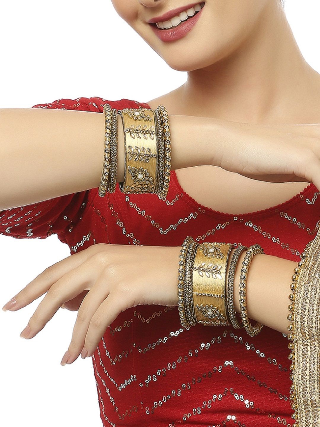 

OOMPH Set Of 10 Thread & Kundan Studded Bangles, Gold