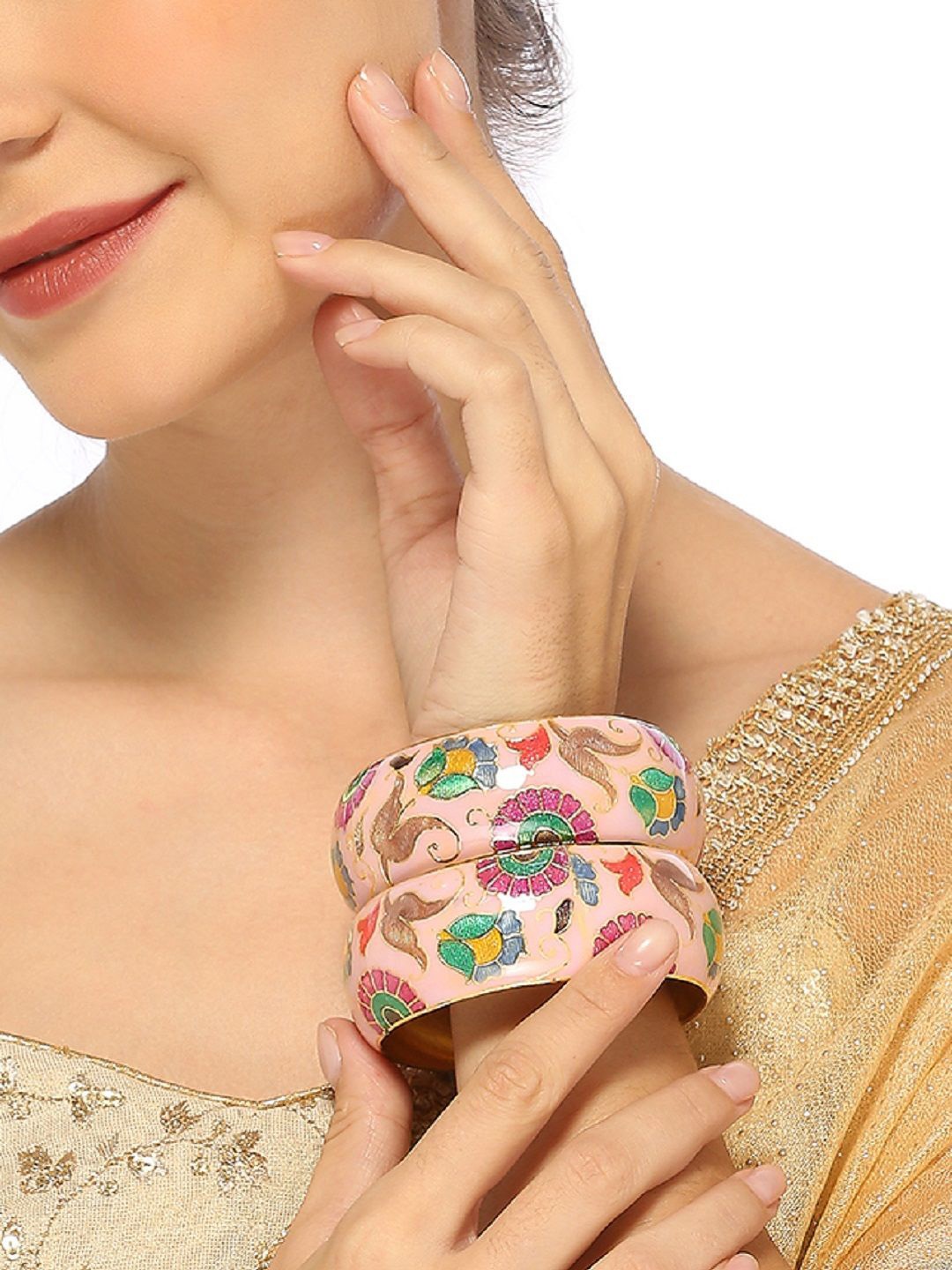 

OOMPH Set Of 2 Meenakari Floral Kada Bangles, Gold