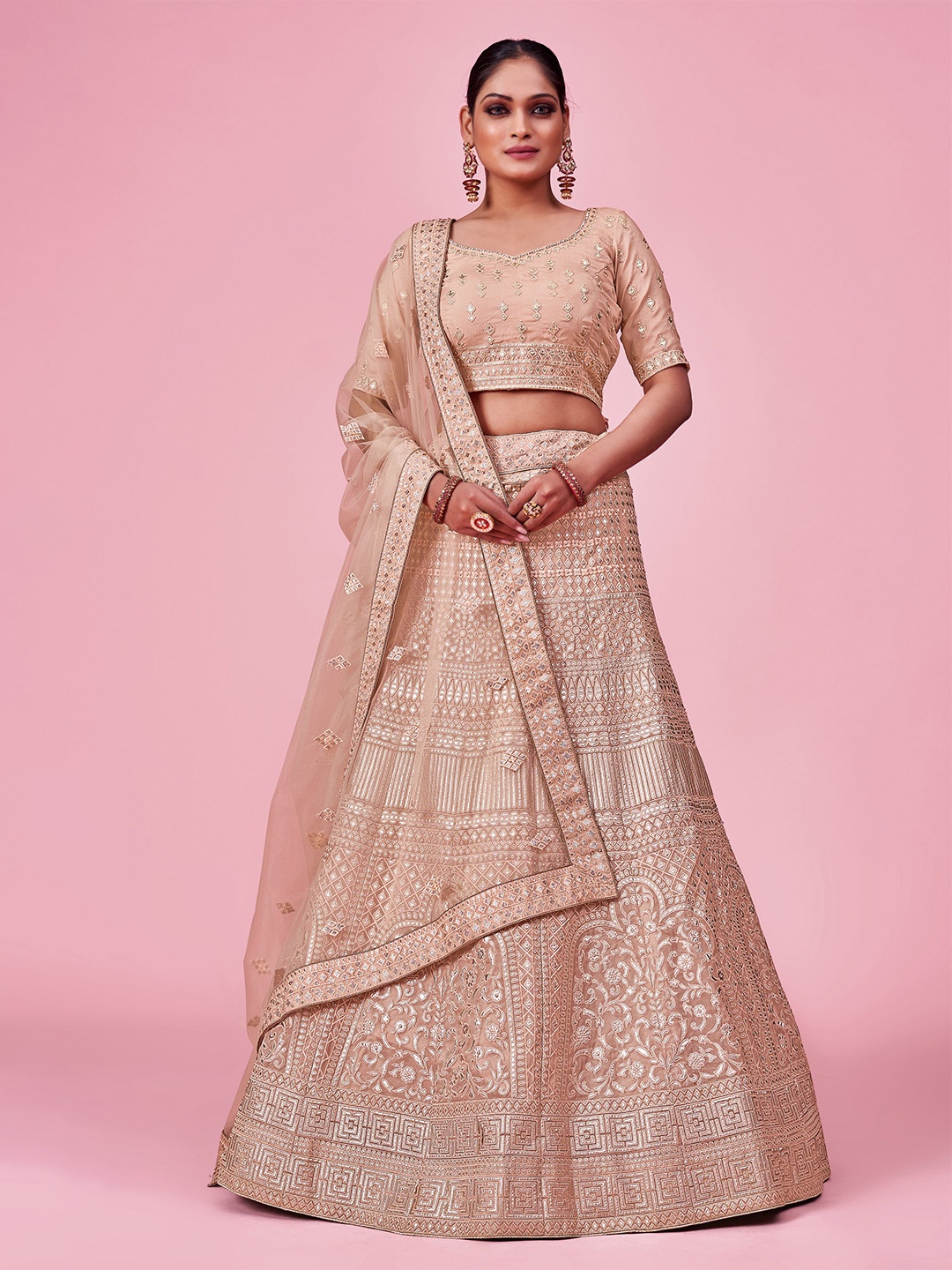 

Fusionic Embroidered Gotta Patti Semi-Stitched Lehenga & Unstitched Blouse With Dupatta, Peach