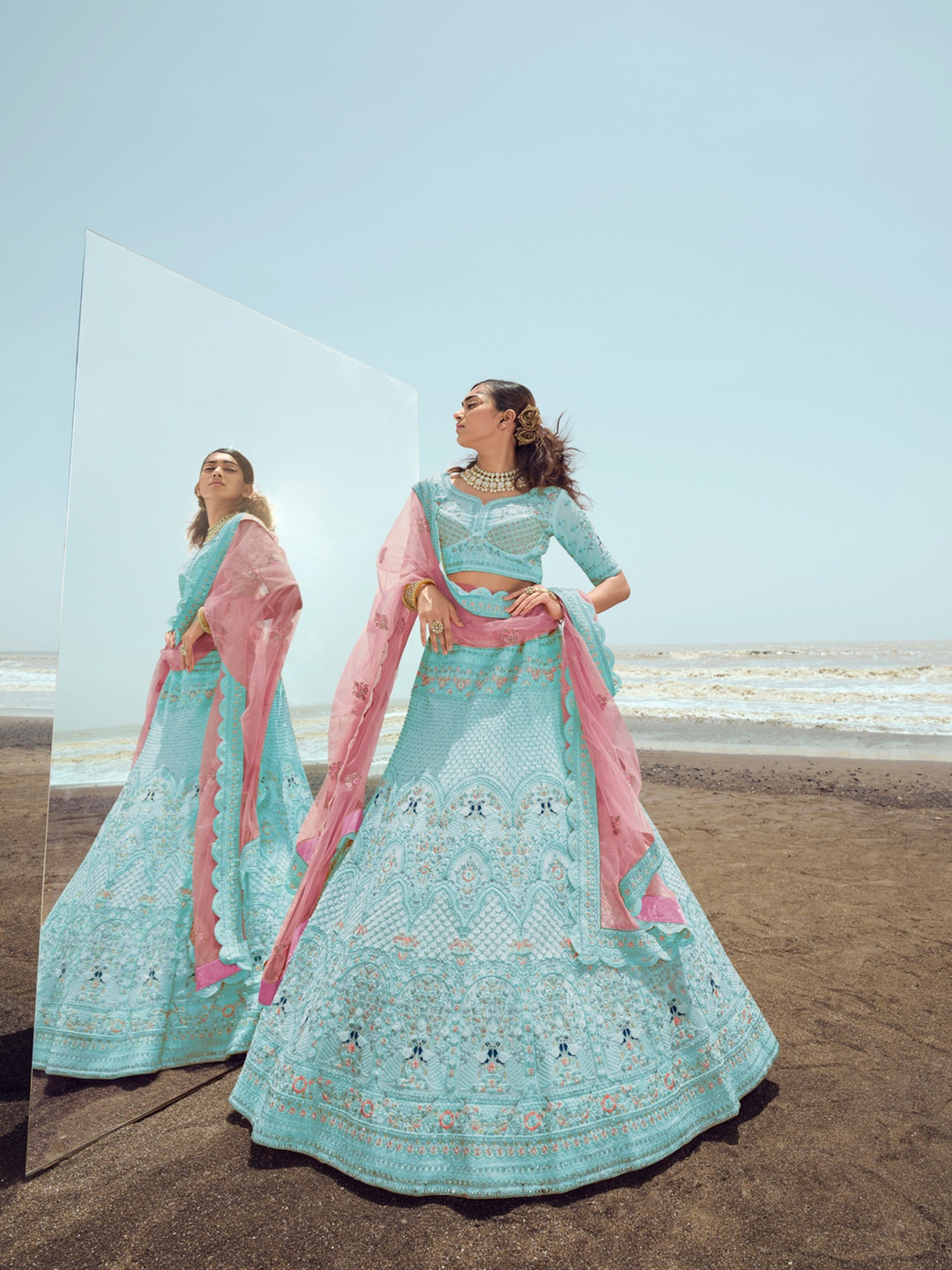 

Fusionic Embroidered Beads & Stones Semi-Stitched Lehenga & Unstitched Blouse With Dupatta, Turquoise blue