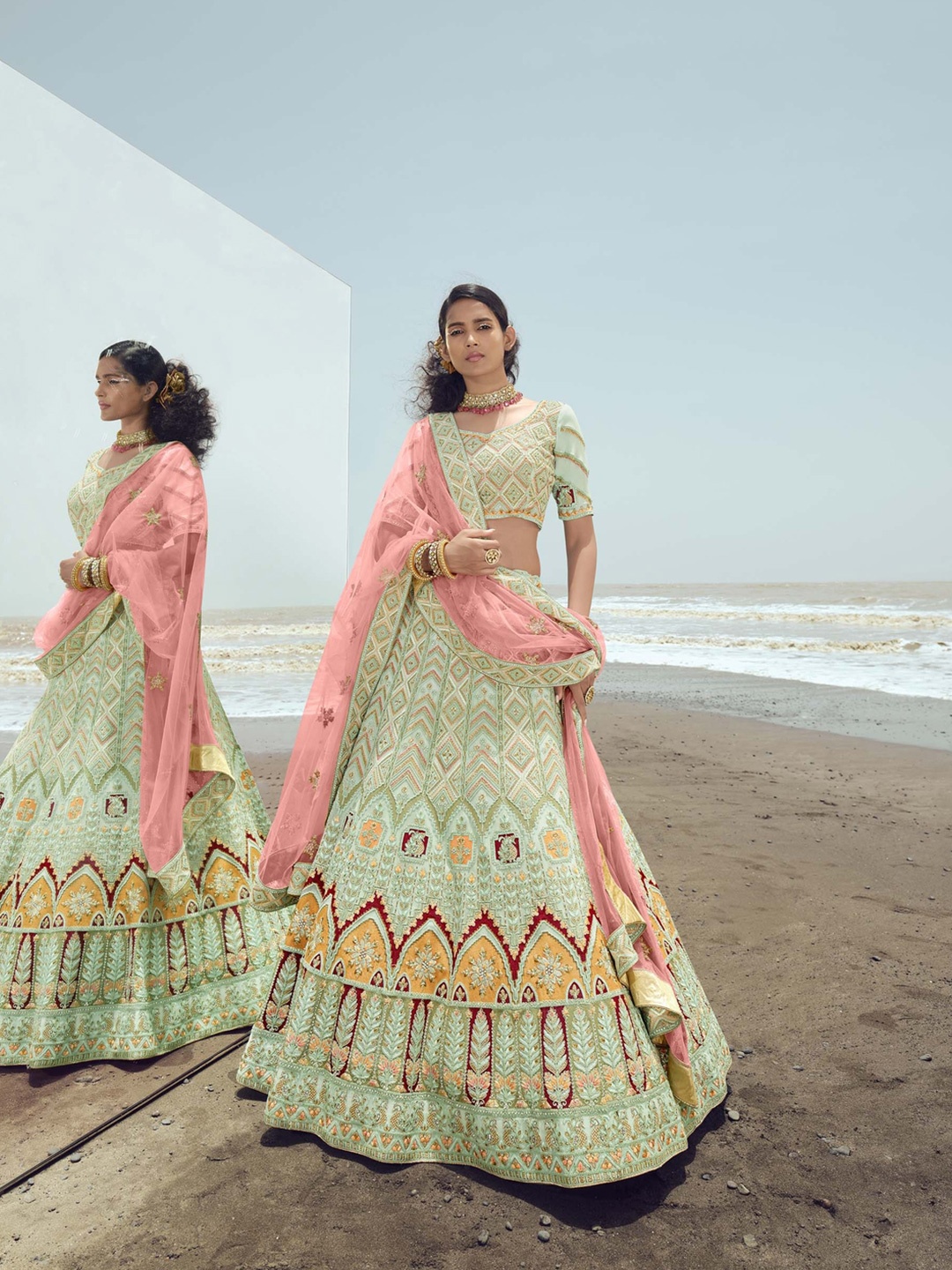 

Fusionic Embroidered Beads & Stones Semi-Stitched Lehenga & Unstitched Blouse With Dupatta, Green