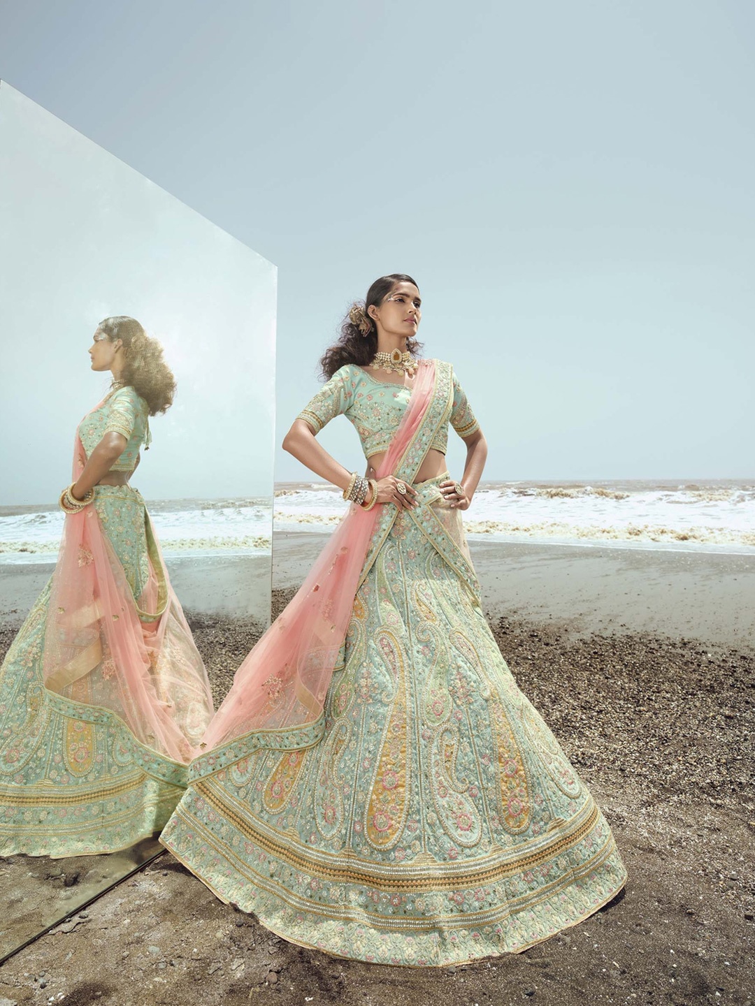 

Fusionic Embroidered Beads & Stones Semi-Stitched Lehenga & Unstitched Blouse With Dupatta, Turquoise blue